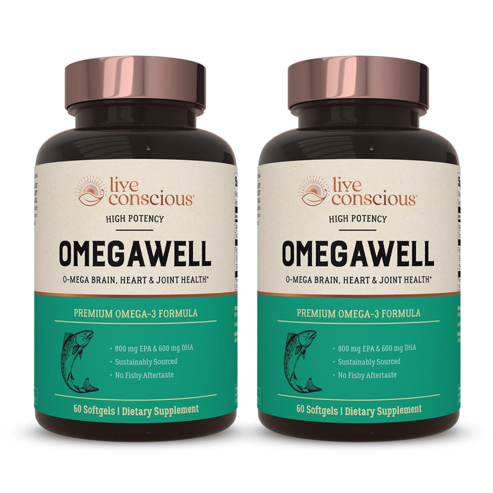 Live Conscious OmegaWell bottle front highlights high-potency omega-3 for daily support.