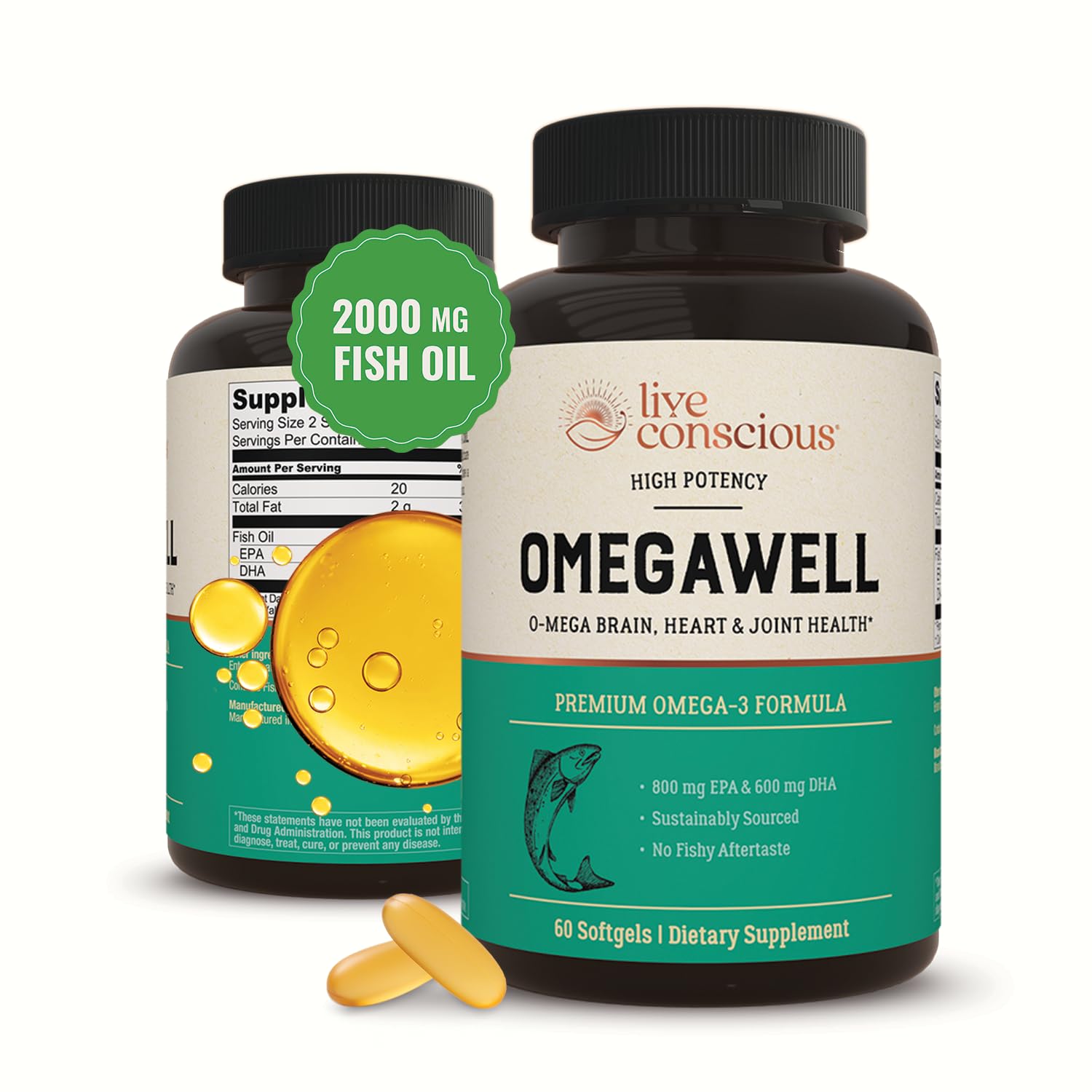 Live Conscious OmegaWell bottle front with burpless softgels for daily heart, brain, and joint support.