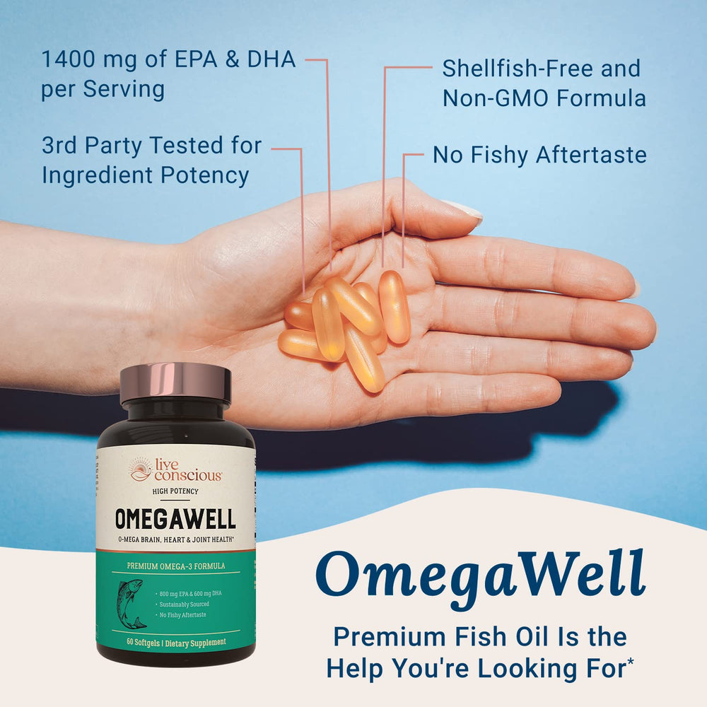 Live Conscious OmegaWell enteric-coated capsules for enhanced absorption and minimized aftertaste.