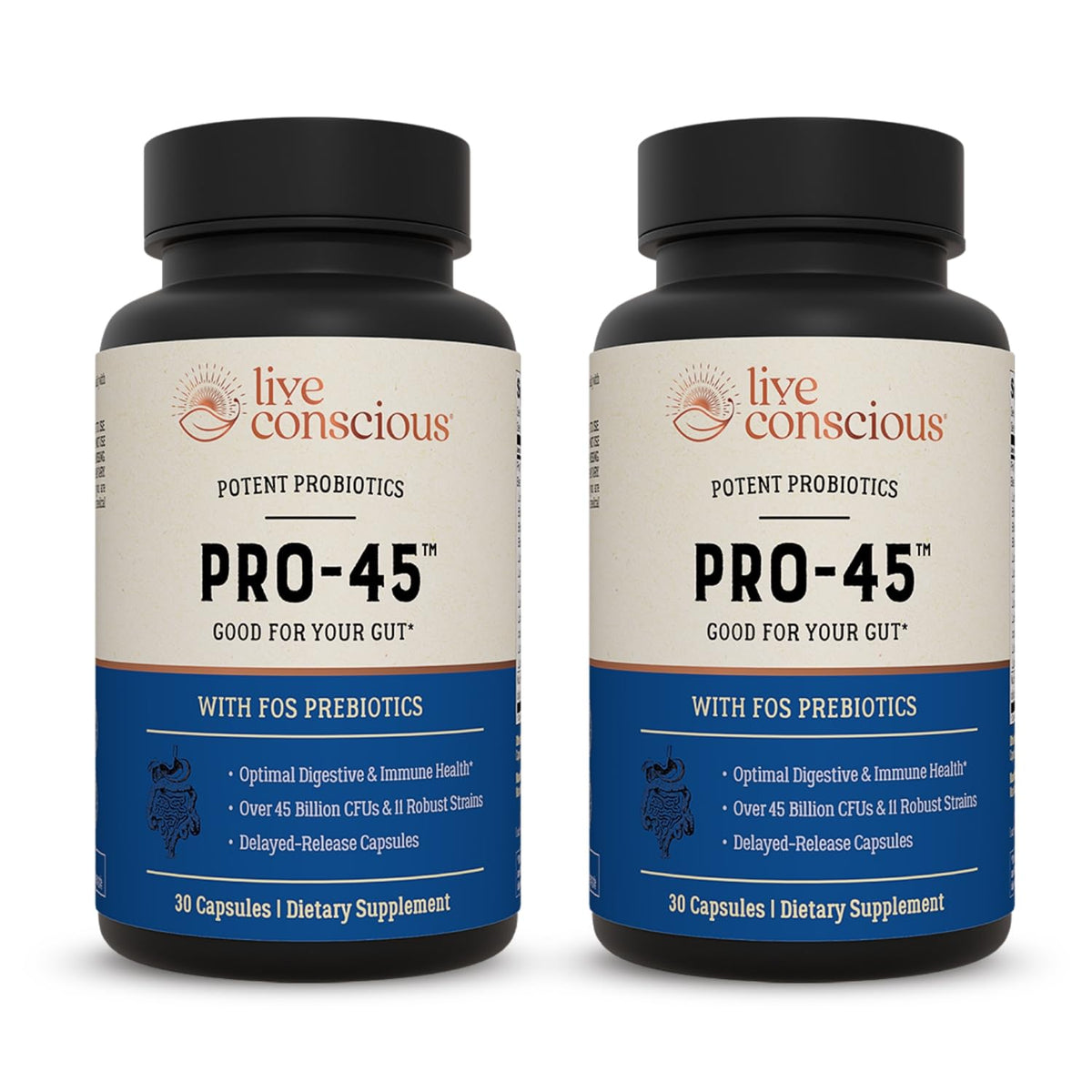 Live Conscious PRO45 bottle front showing 60 capsules for digestive and immune support.