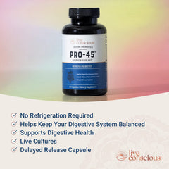 Close-up of PRO45 capsules in delayed-release veggie form.