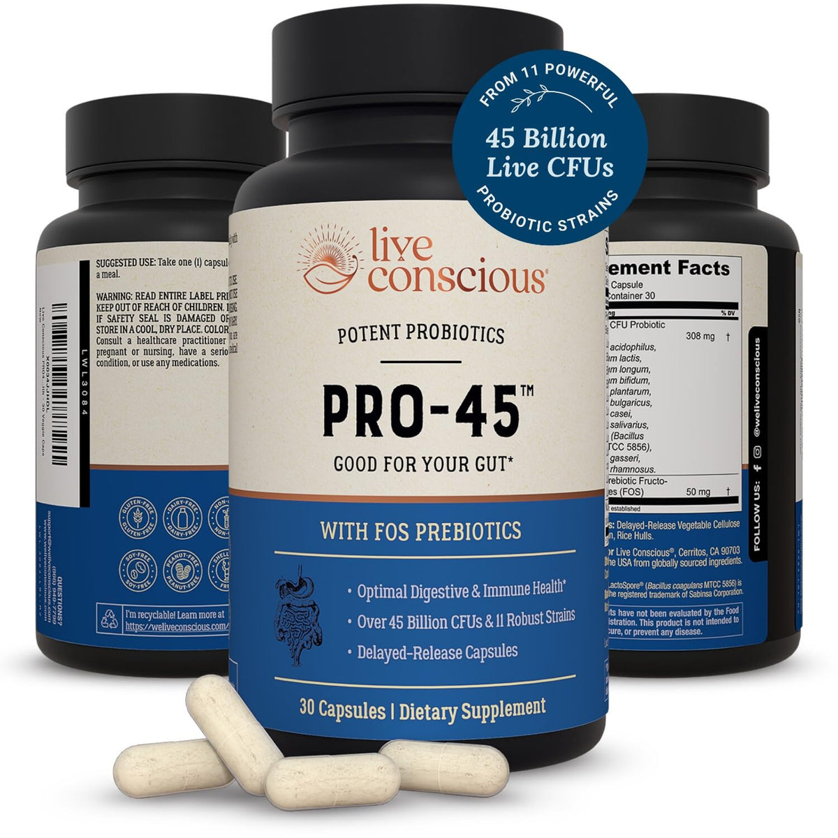 Live Conscious PRO45 bottle with capsules highlighting 45B CFU for digestive wellness.