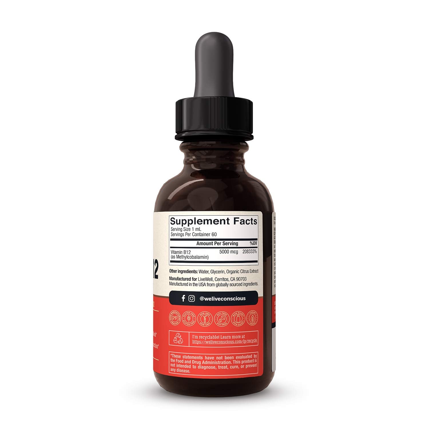 Live Conscious B12 bottle label emphasizing vegan, non-GMO formula
