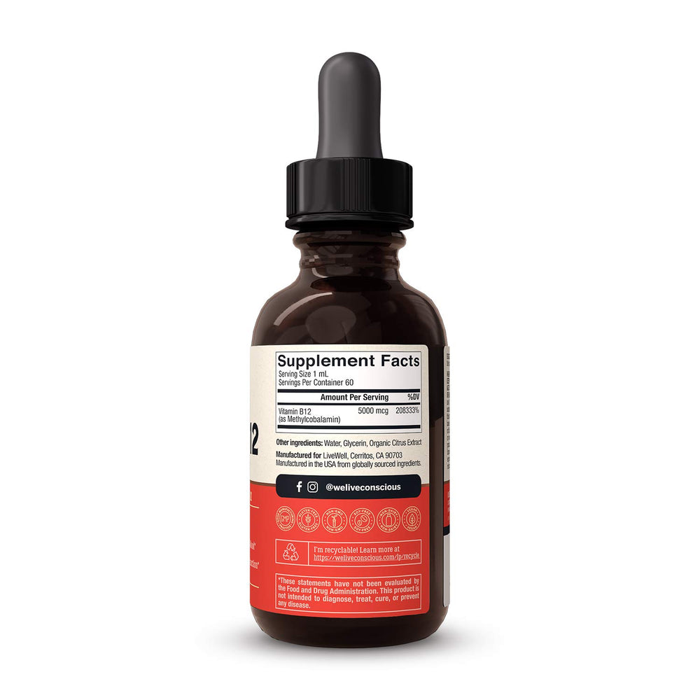 Live Conscious B12 bottle label emphasizing vegan, non-GMO formula