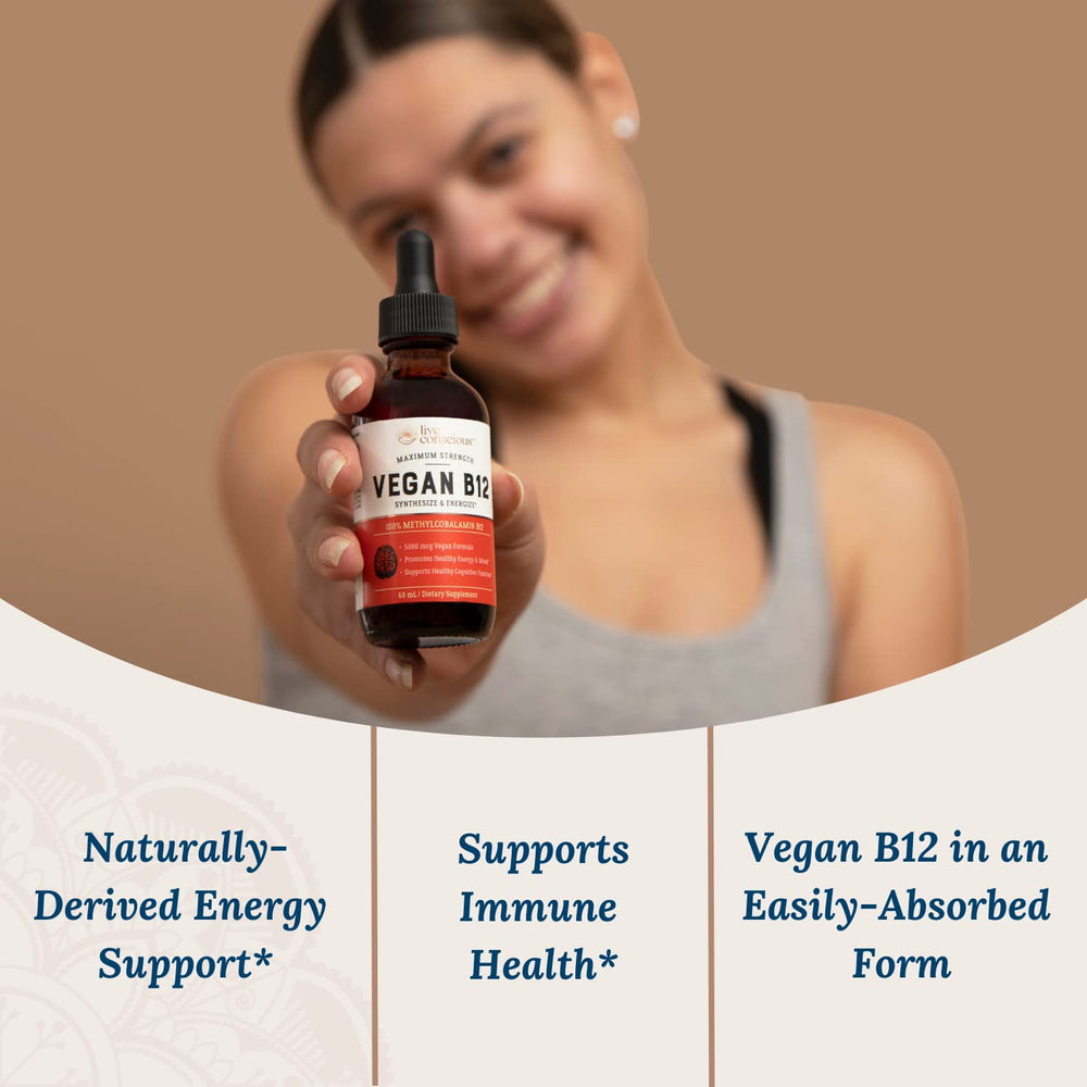 Live Conscious B12 bottle side view showing 60 servings for ongoing use