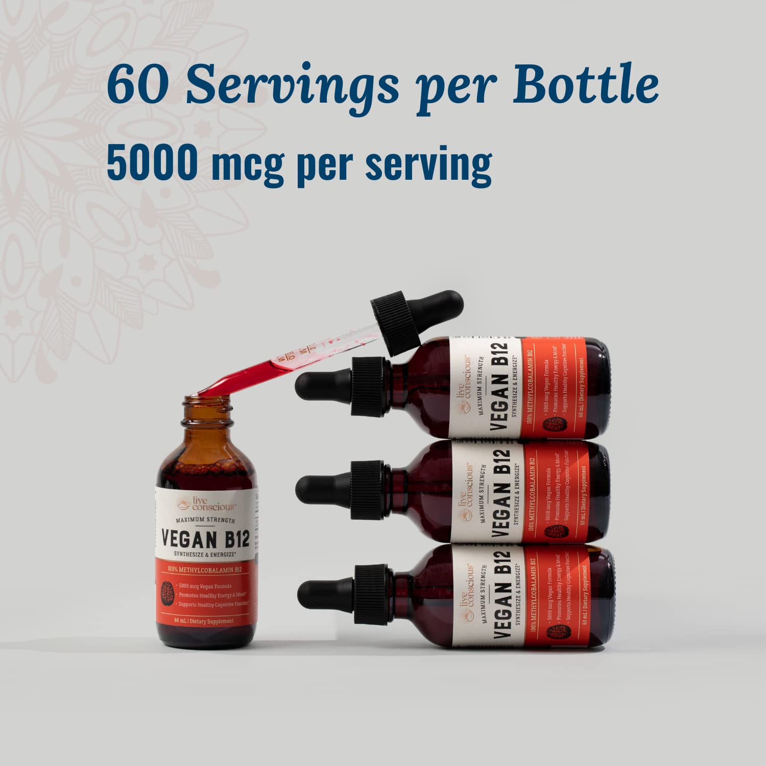 Live Conscious vegan B12 dropper closeup highlighting quick absorption