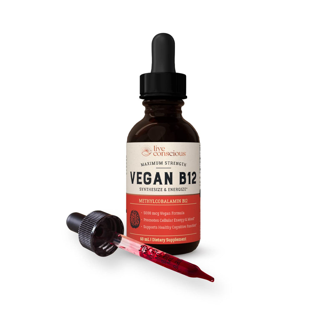 Live Conscious B12 drops being poured for easy daily dosing