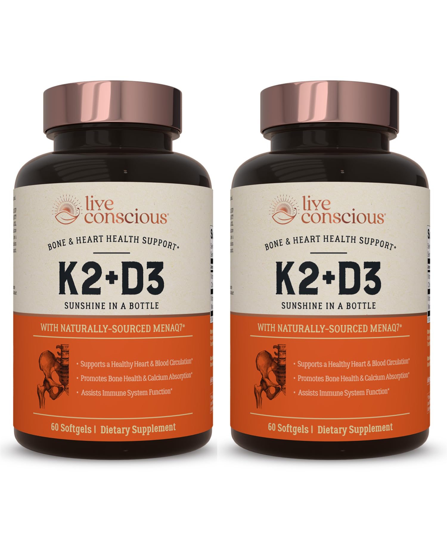 Live Conscious Vitamin K2 MK7 with D3 bottle front for daily bone and heart support.