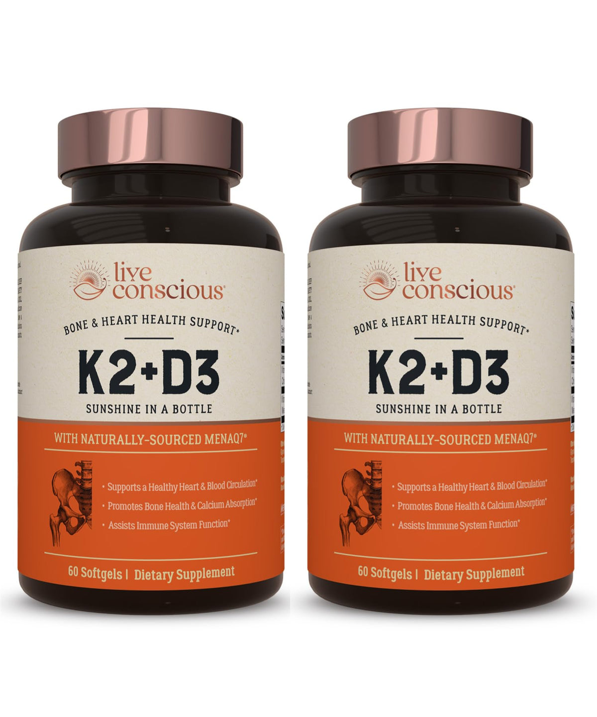 Live Conscious Vitamin K2 MK7 with D3 bottle front for daily bone and heart support.