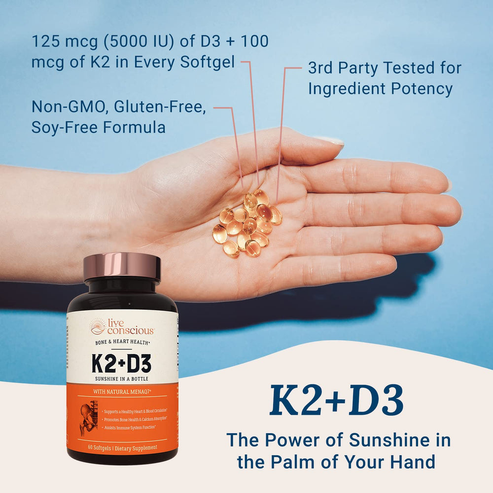 Live Conscious Vitamin K2 MK7 with D3 capsules image shows easy daily intake for convenient wellness.