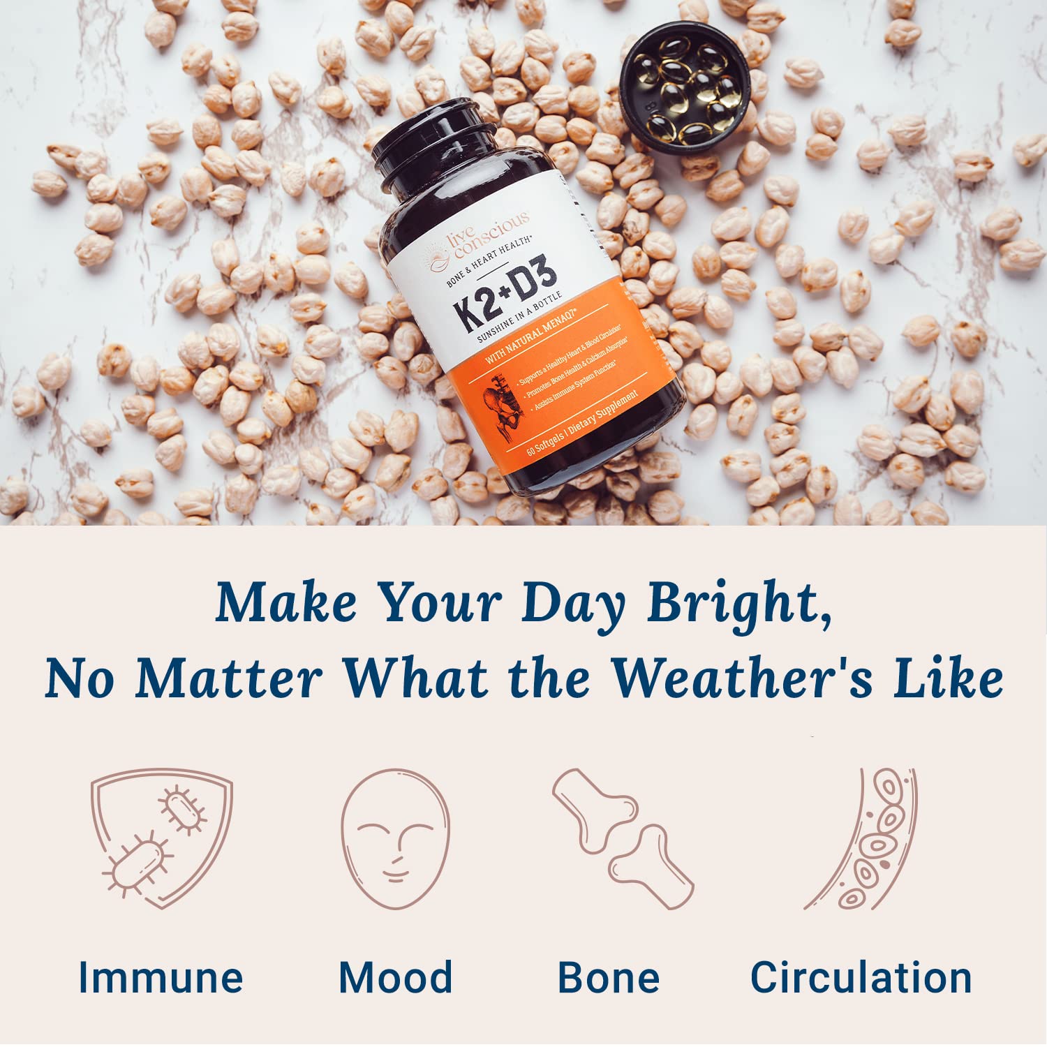 Live Conscious vitamin k2 mk7 with d3 label indicating immune support