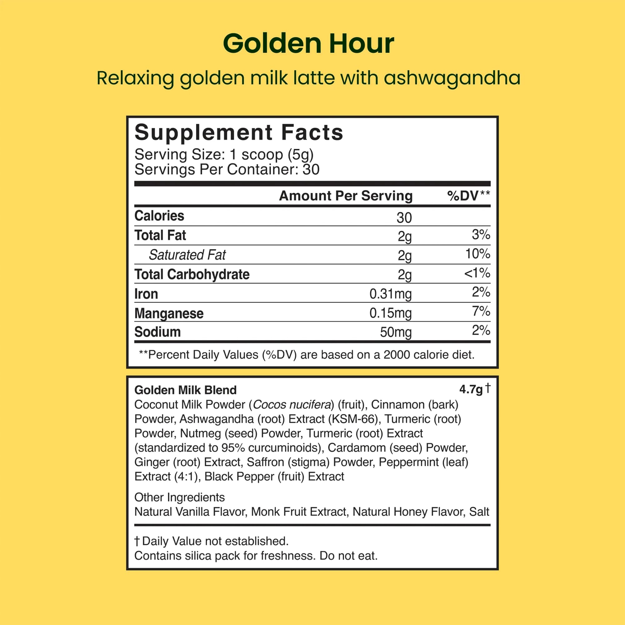 LIVE IT UP Golden Hour ingredients layout emphasizes dairy-free, gluten-free benefits.