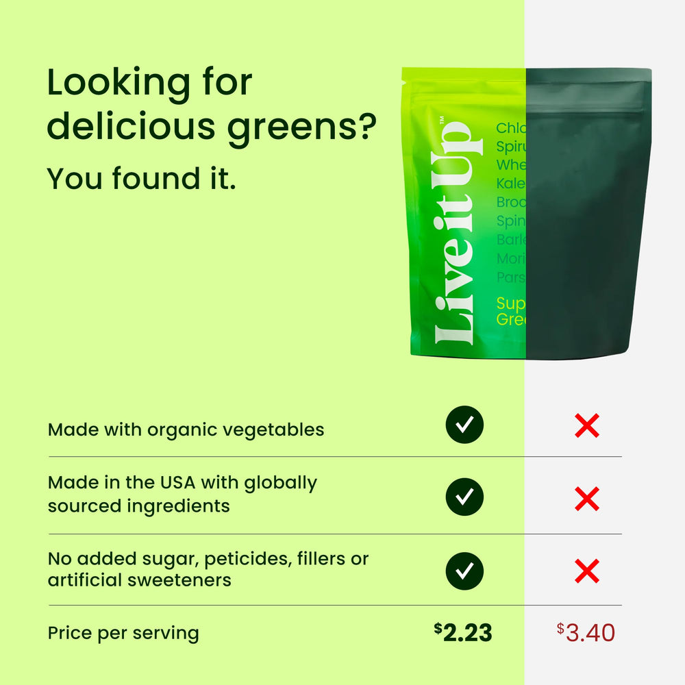 LIVE IT UP Super Greens label highlights vegan, gluten-free, non-GMO attributes.