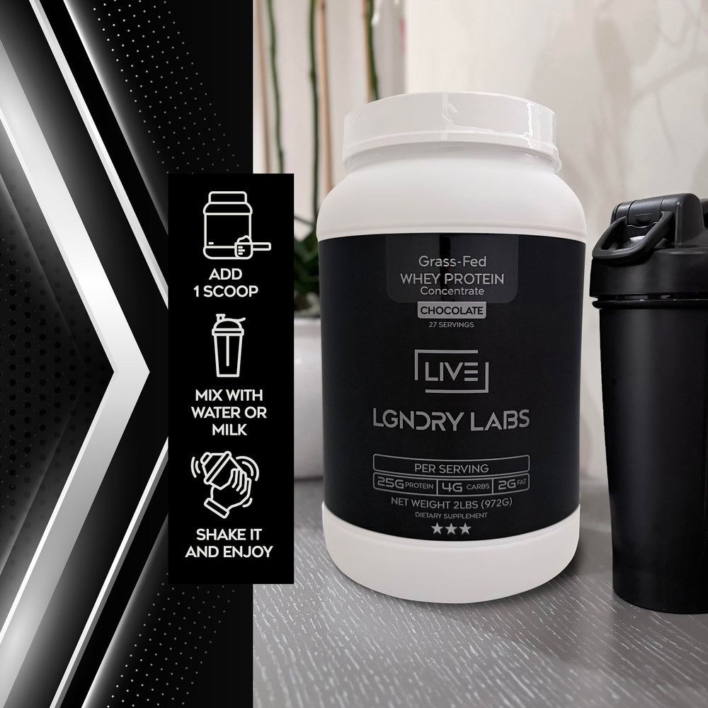 LIVE LGNDRY LABS chocolate whey shake ready for creamy sip.