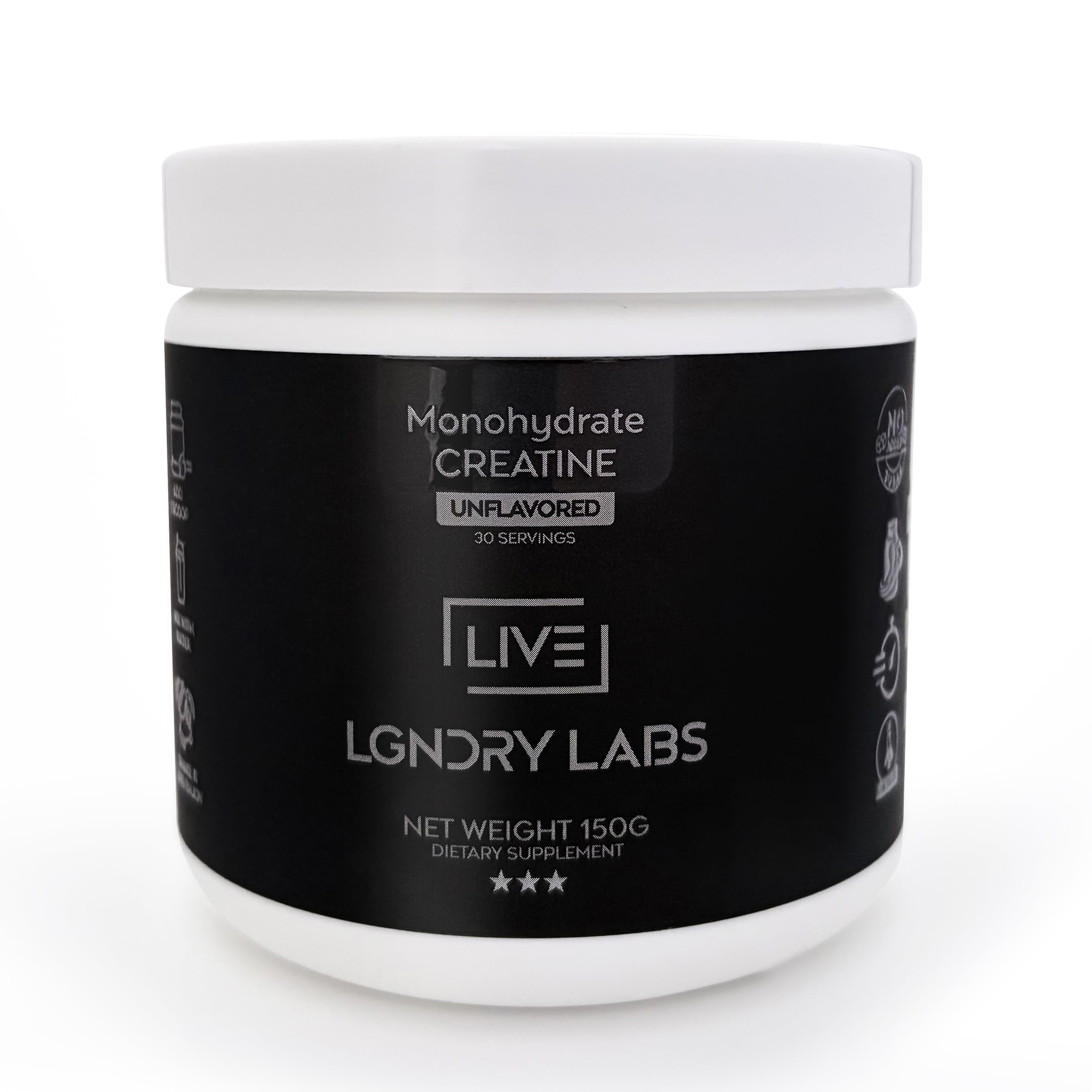 LIVE LGNDRY LABS creatine monohydrate bottle shows ultra-pure powder for easy mix.