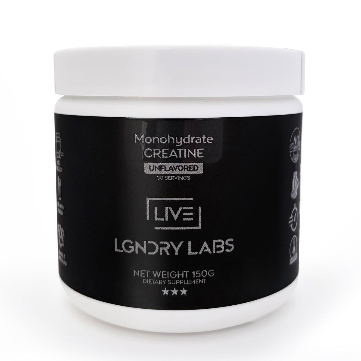 LIVE LGNDRY LABS creatine monohydrate bottle shows ultra-pure powder for easy mix.