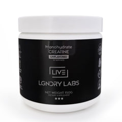 LIVE LGNDRY LABS creatine monohydrate bottle shows ultra-pure powder for easy mix.