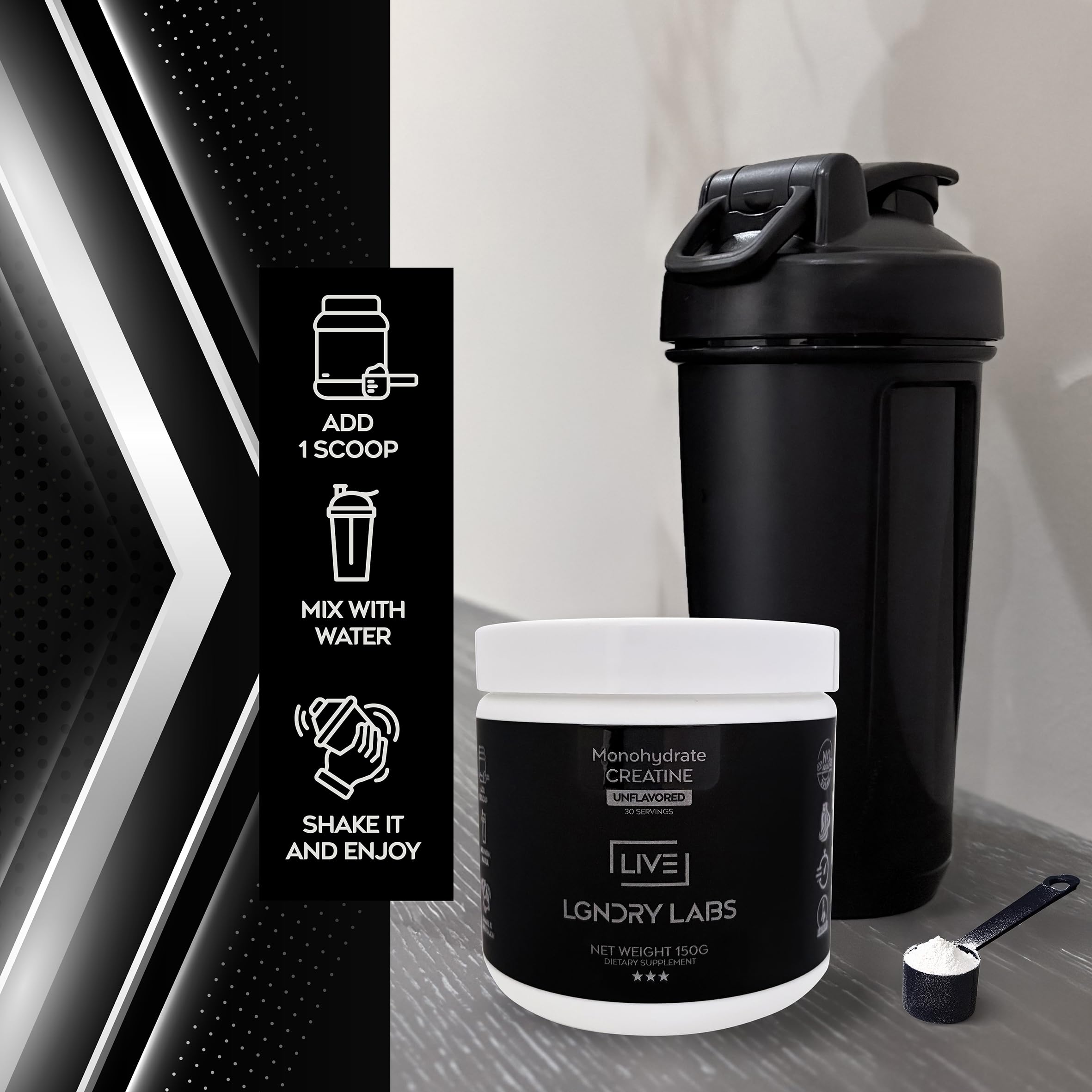 LIVE LGNDRY LABS creatine monohydrate in a glass shake for workouts.