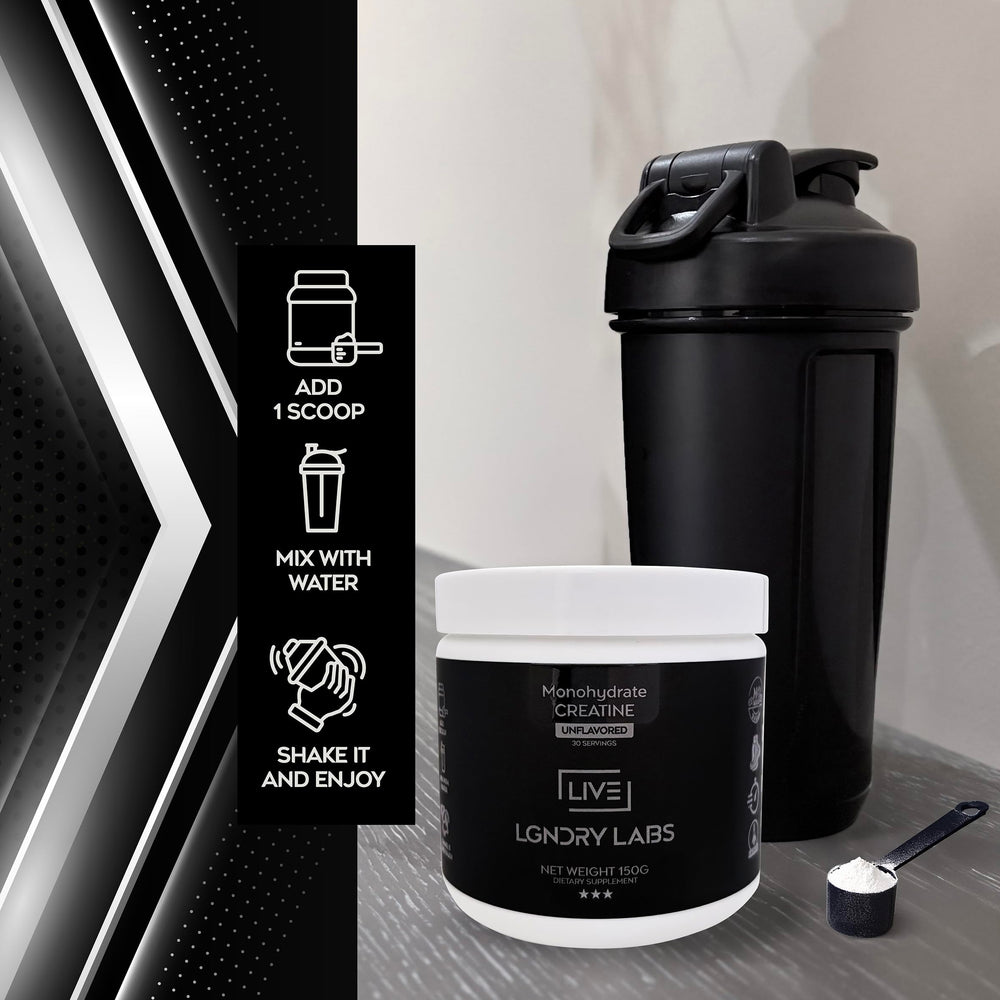 LIVE LGNDRY LABS creatine monohydrate in a glass shake for workouts.