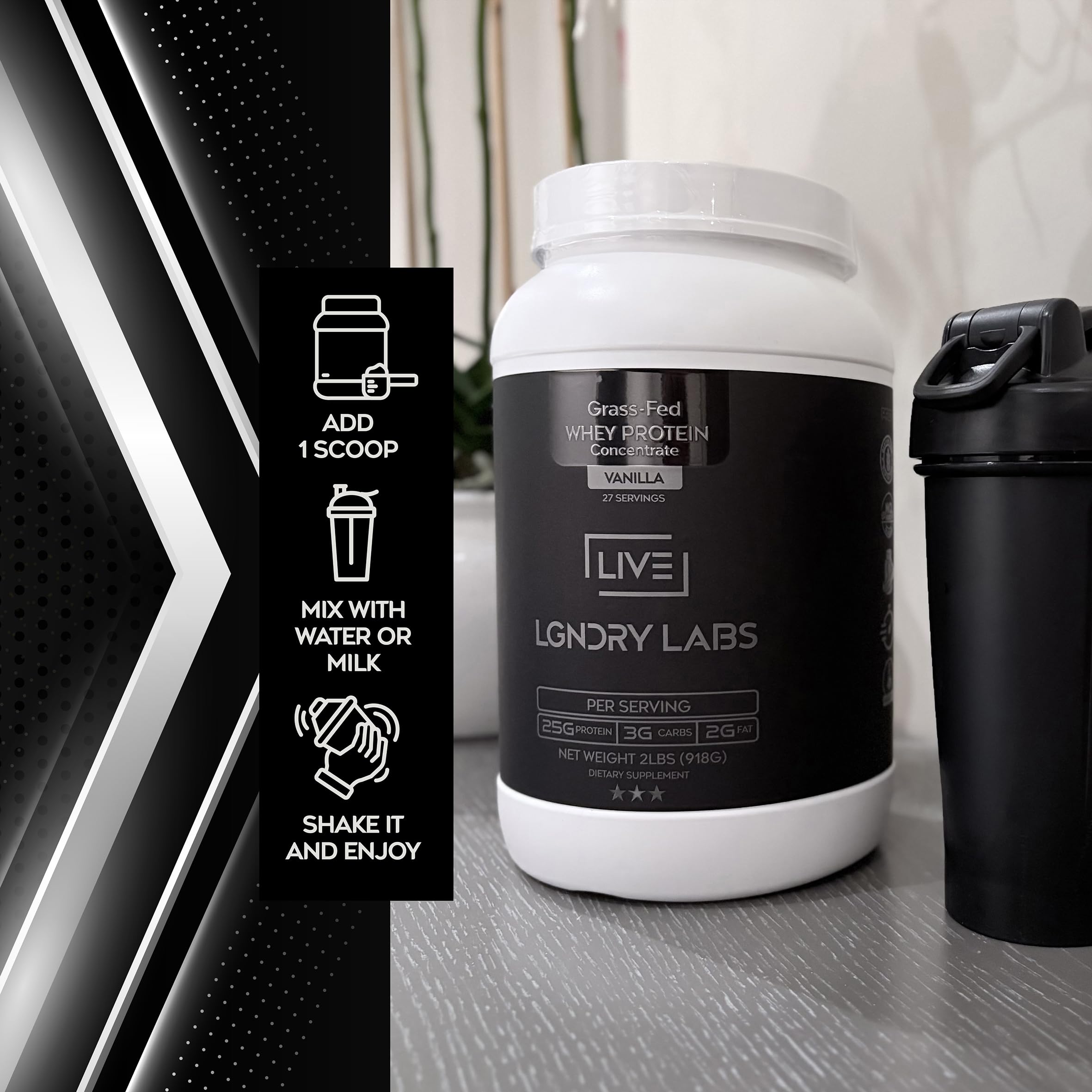 LIVE LGNDRY LABS shake glass with vanilla whey showing smooth mixing