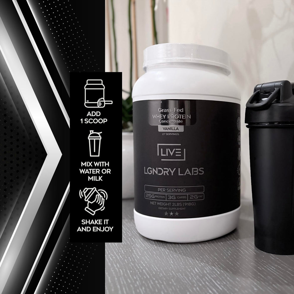 LIVE LGNDRY LABS shake glass with vanilla whey showing smooth mixing