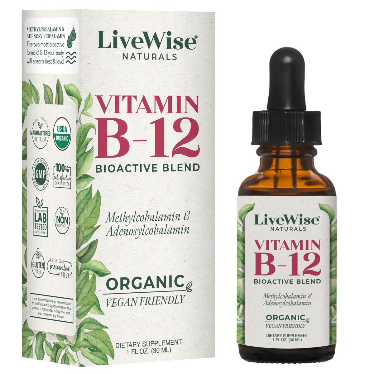 Live Wise Naturals B12 Drops in an amber bottle ready for quick absorption.