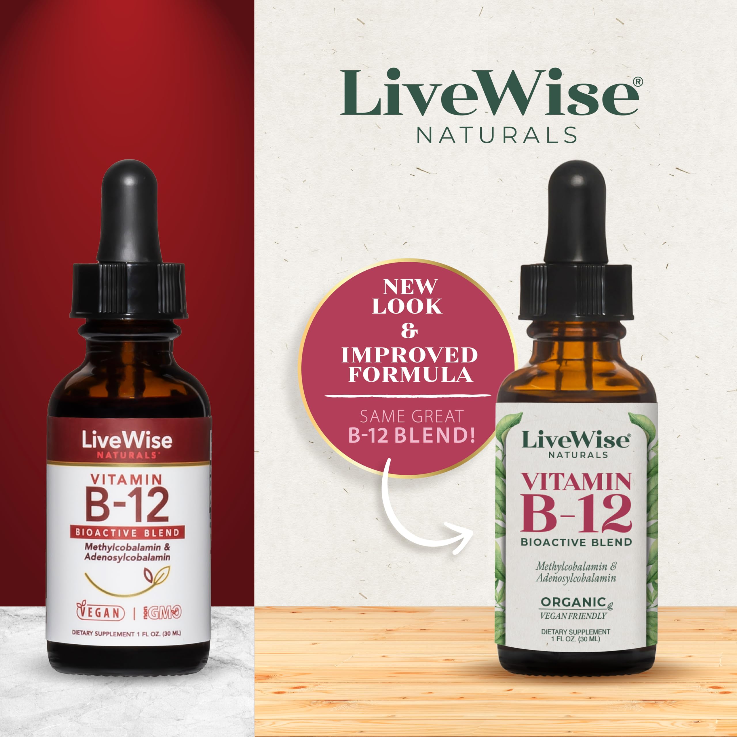 Live Wise Naturals B12 Drops glass dropper for precise under-tongue application.