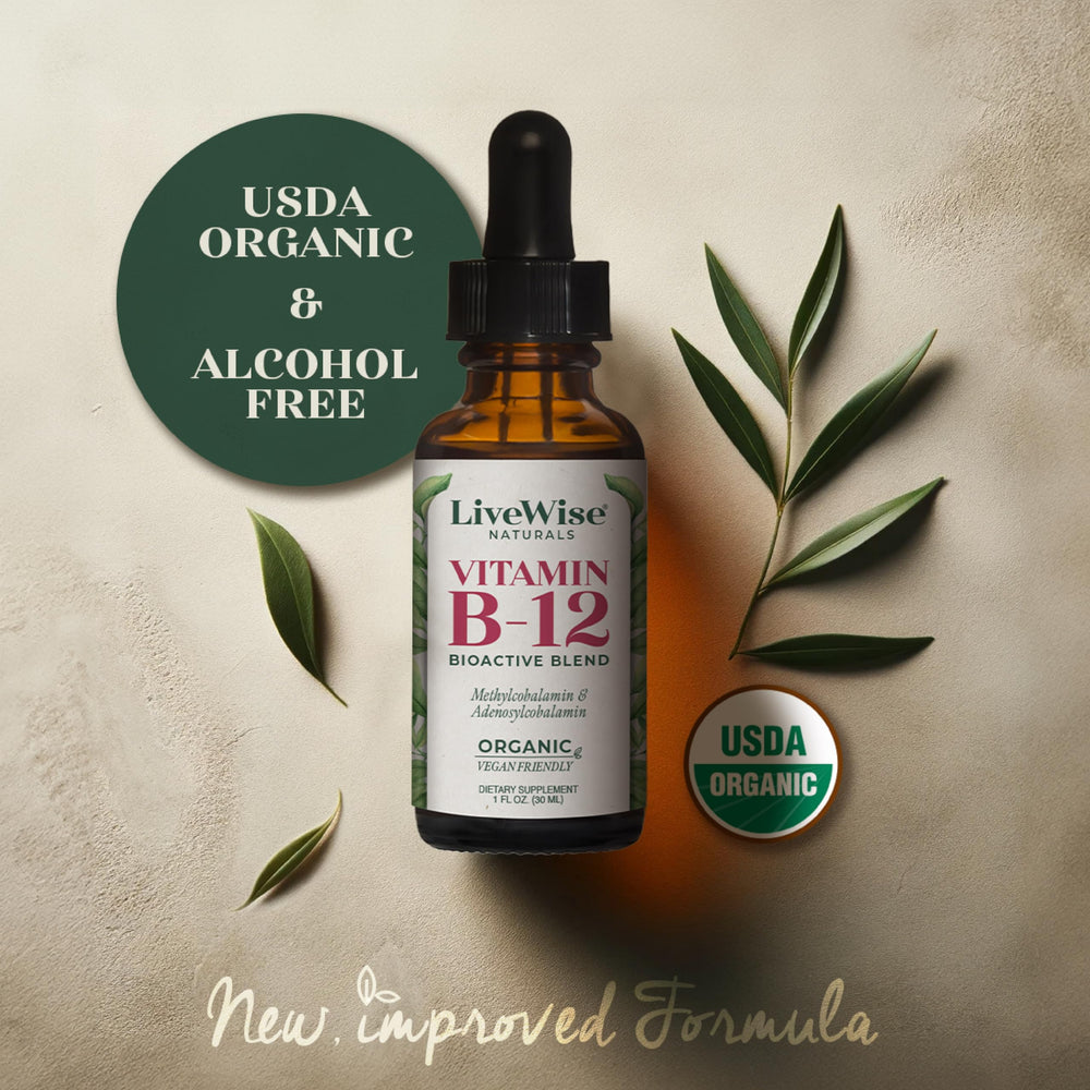 Live Wise Naturals B12 Drops organic grape alcohol ensures clean delivery.