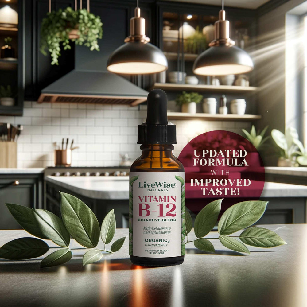 Live Wise Naturals B12 Drops being placed under the tongue for fast uptake.