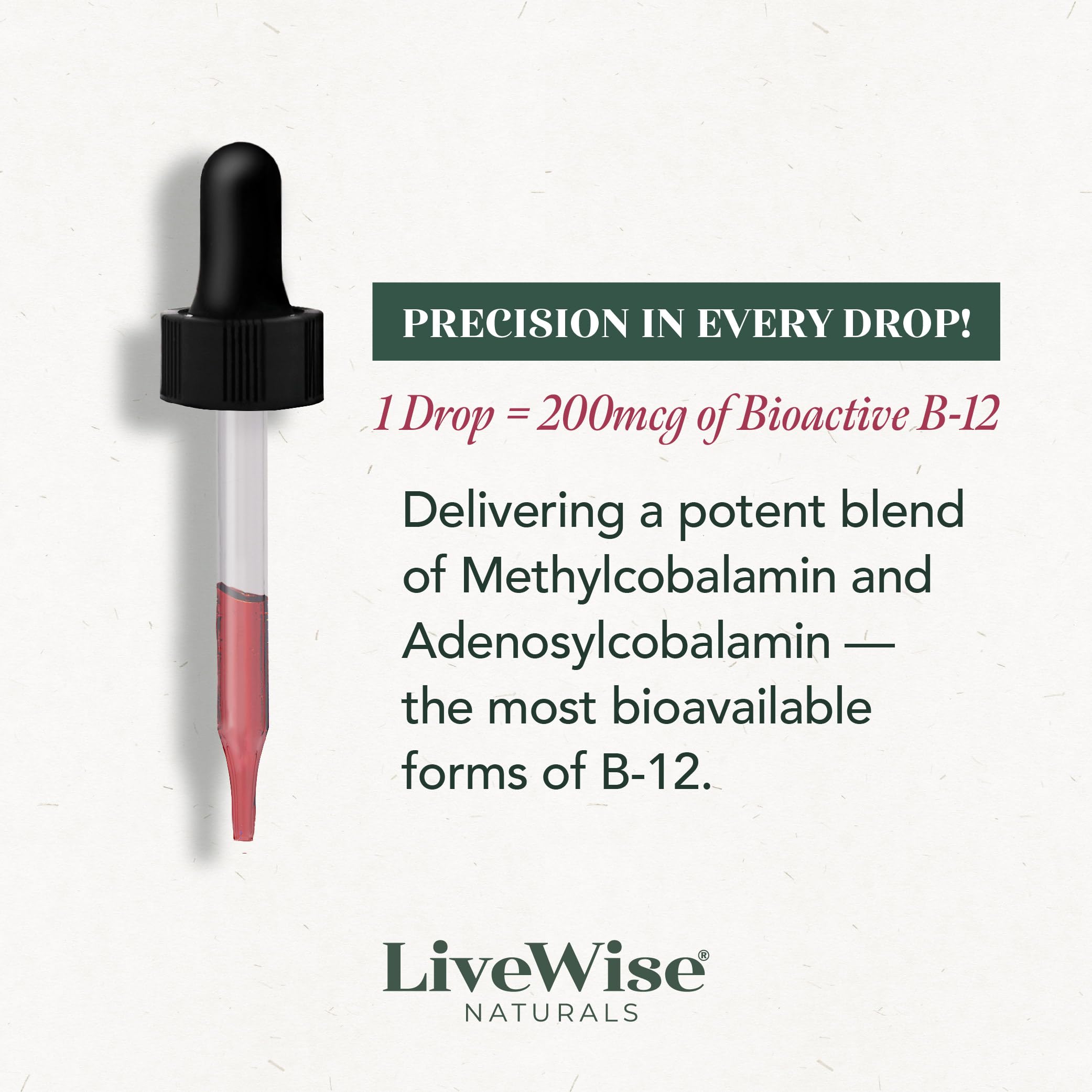 Live Wise Naturals B12 Drops unsweetened taste for smooth daily use.