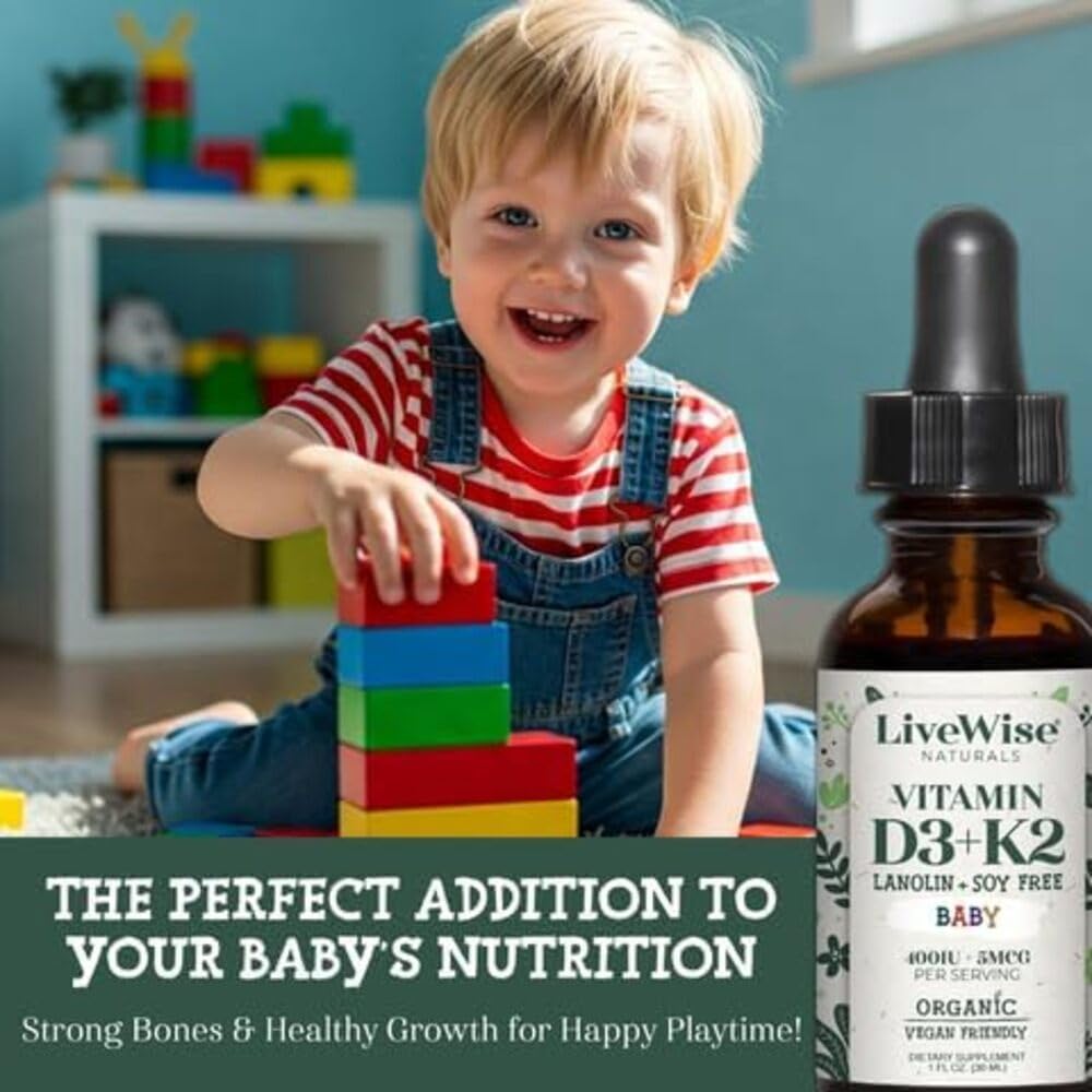 Front label of Live Wise Naturals D3+K2 bottle highlighting organic ingredients