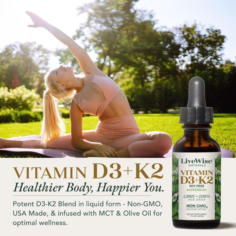 Live Wise Naturals dropper dispenses D3K2 liquid drops for precise dosing