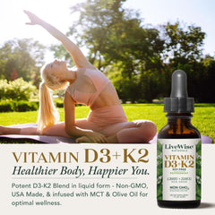 Live Wise Naturals dropper dispenses D3K2 liquid drops for precise dosing