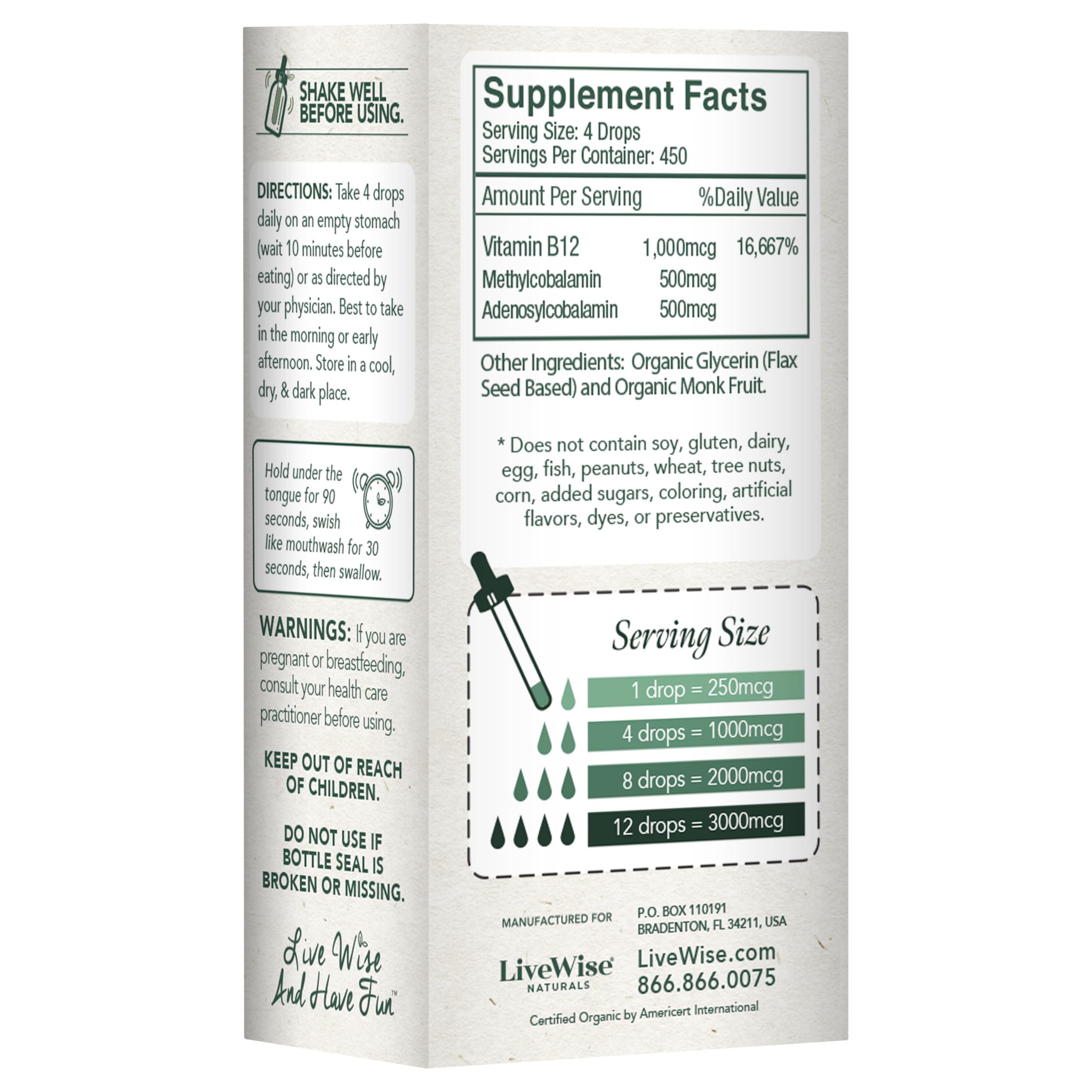 Live Wise Naturals B12 amber glass bottle protects potency and quality.