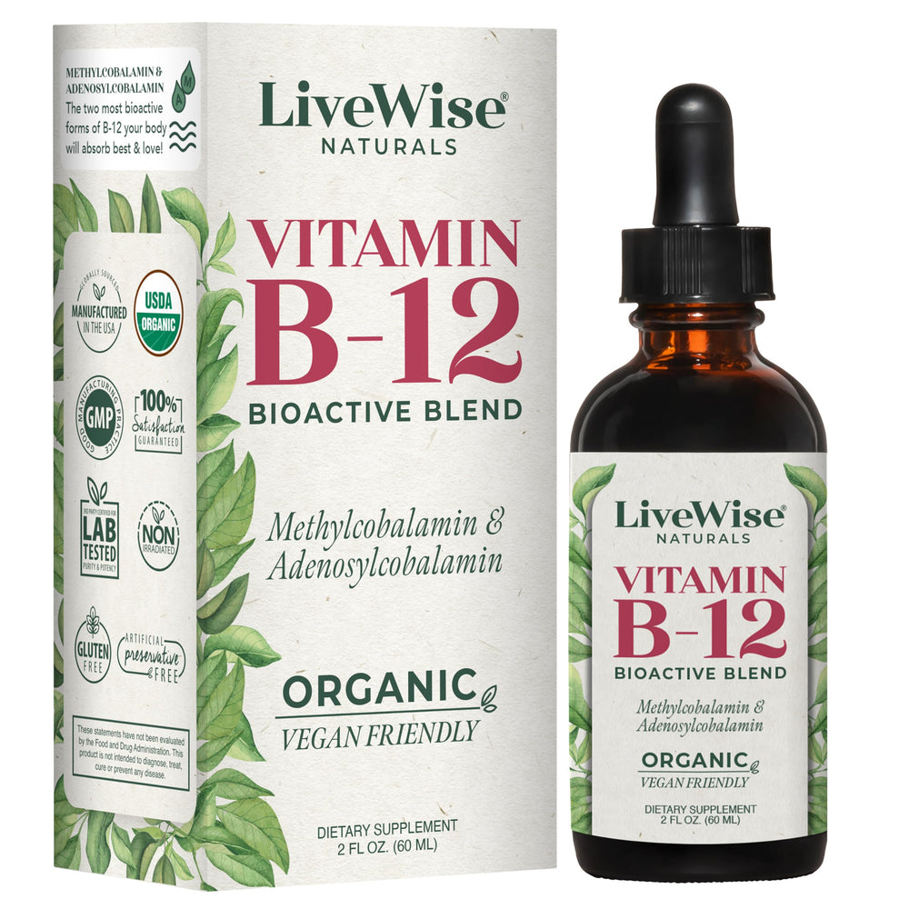 Live Wise Naturals Liquid B12 bottle and dropper for easy sublingual dosing.