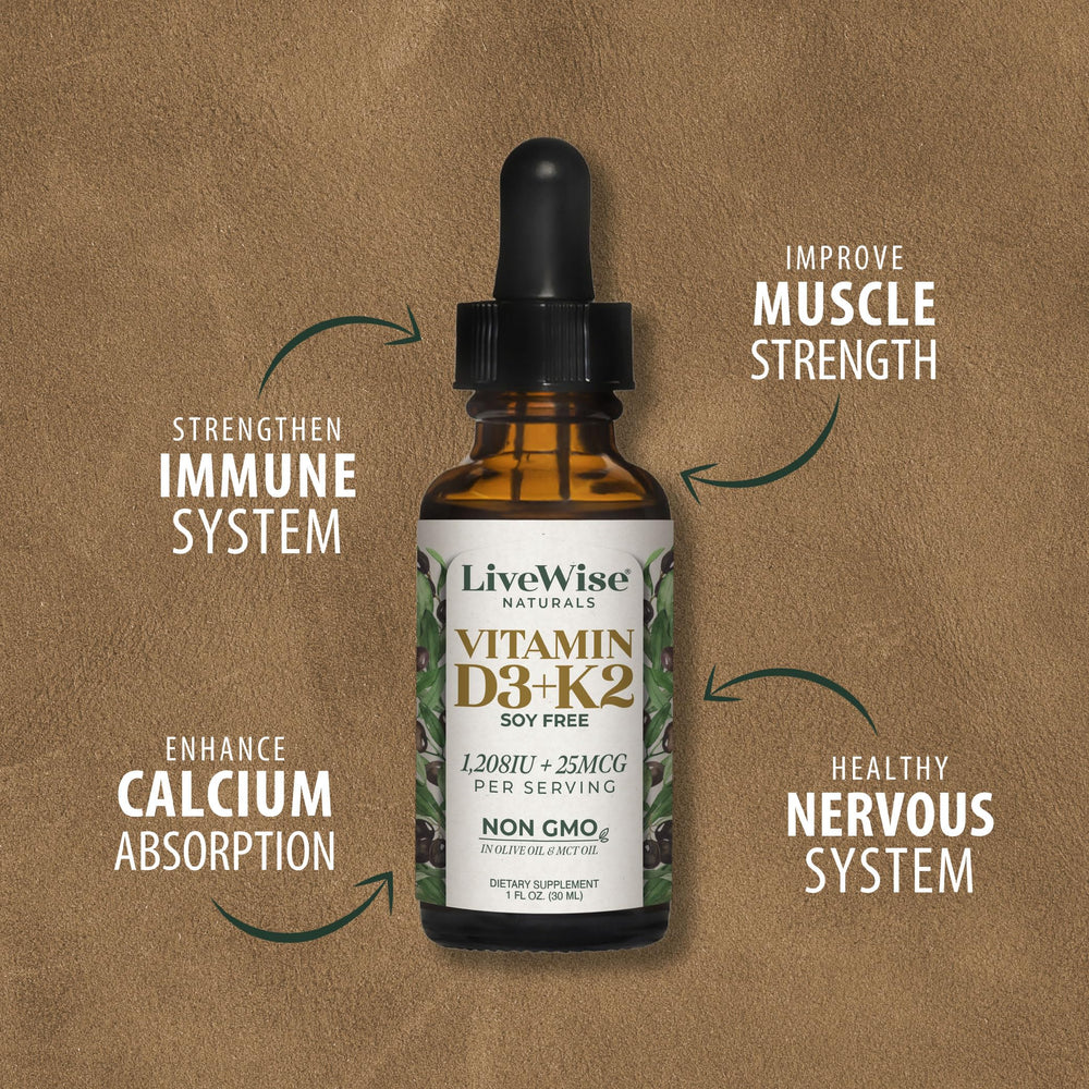 Live Wise Naturals D3K2 liquid drops dropper close-up highlights precise dosing.