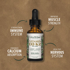 Live Wise Naturals D3K2 liquid drops dropper close-up highlights precise dosing.