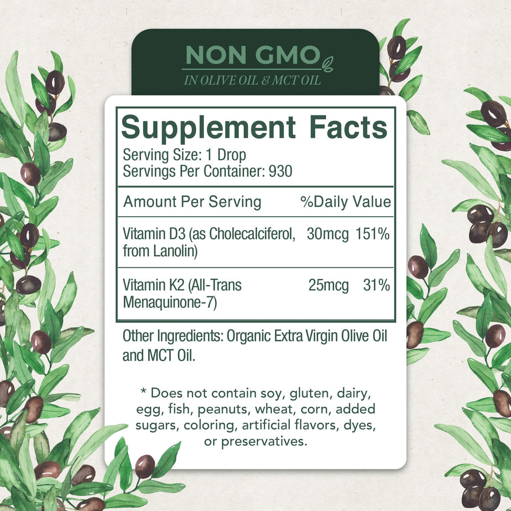 Live Wise Naturals D3K2 with olive oil base highlights natural ingredients.