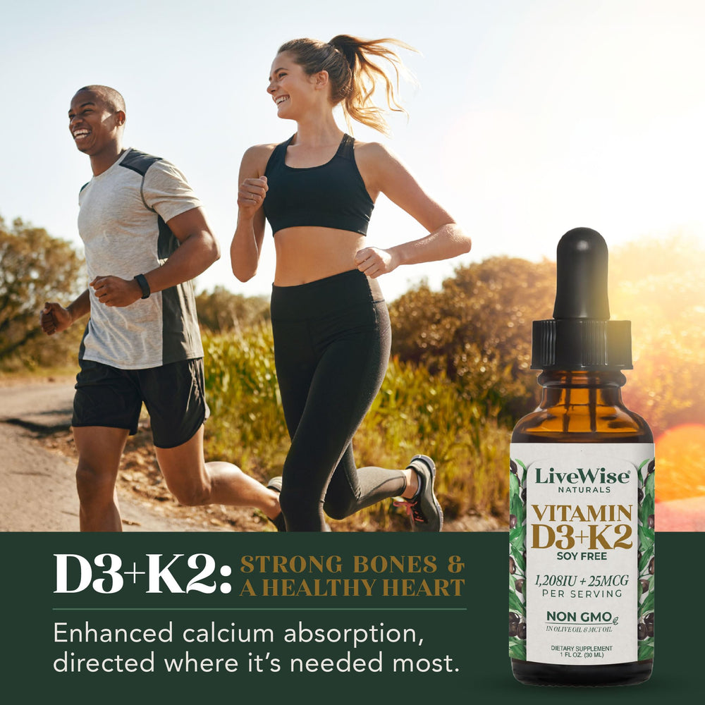 Live Wise Naturals D3K2 drops pour demonstrates simple daily dosing in use.