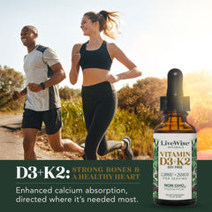 Live Wise Naturals D3K2 drops pour demonstrates simple daily dosing in use.