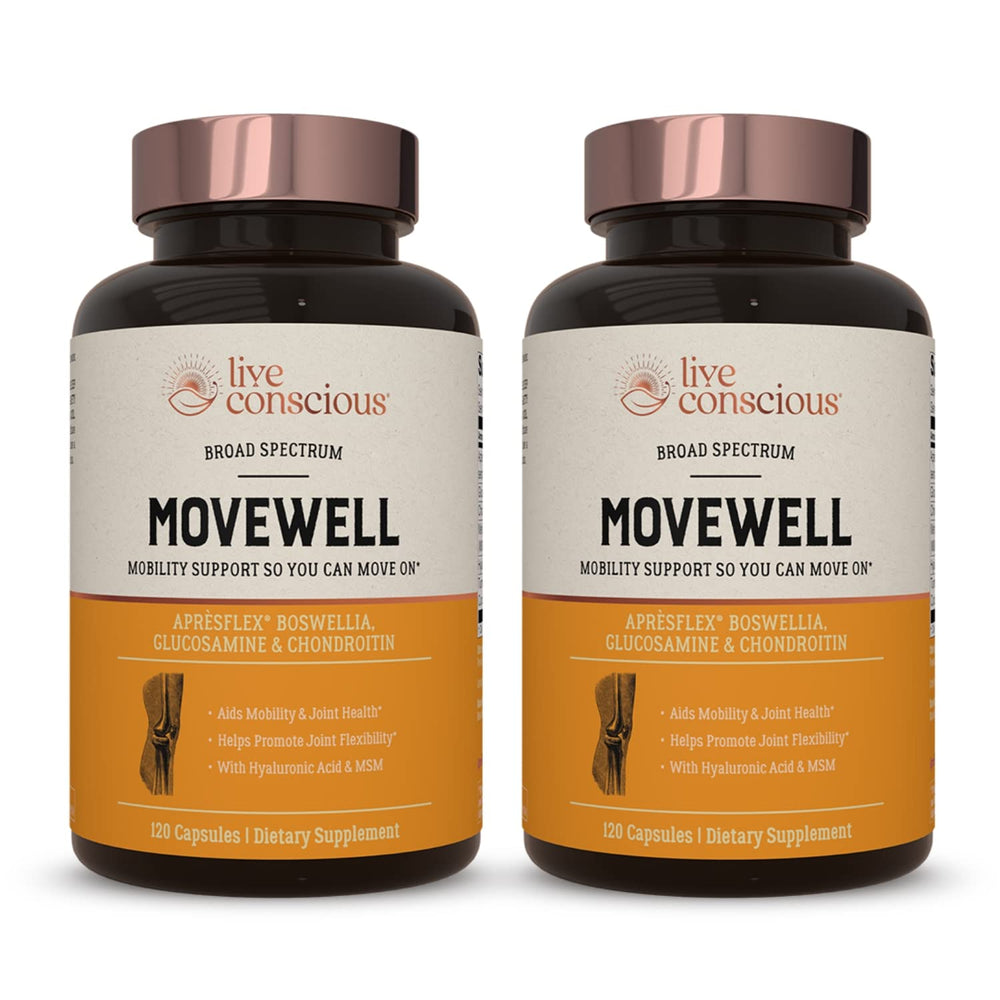 Live Conscious MoveWell bottle front shows joint support in bold packaging.