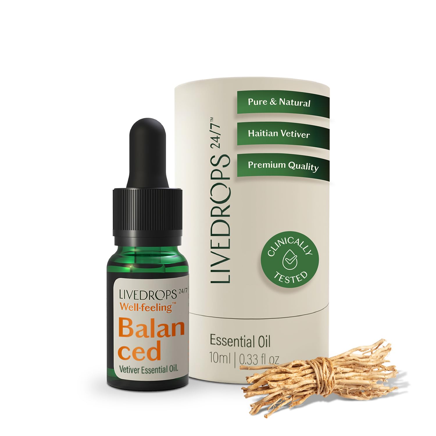 Livedrops 24/7 Balanced Vetiver bottle front for calm aromatherapy