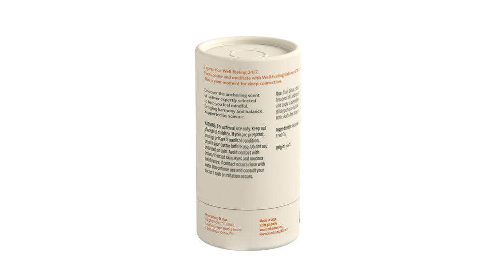 Livedrops 24/7 Balanced Vetiver bottle with USA-made label