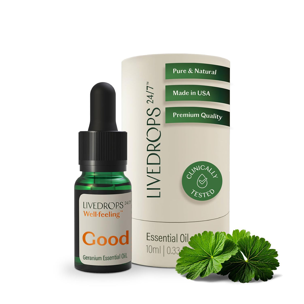 Livedrops 24/7 Good Geranium bottle ready for room diffusion to create a rosy atmosphere.
