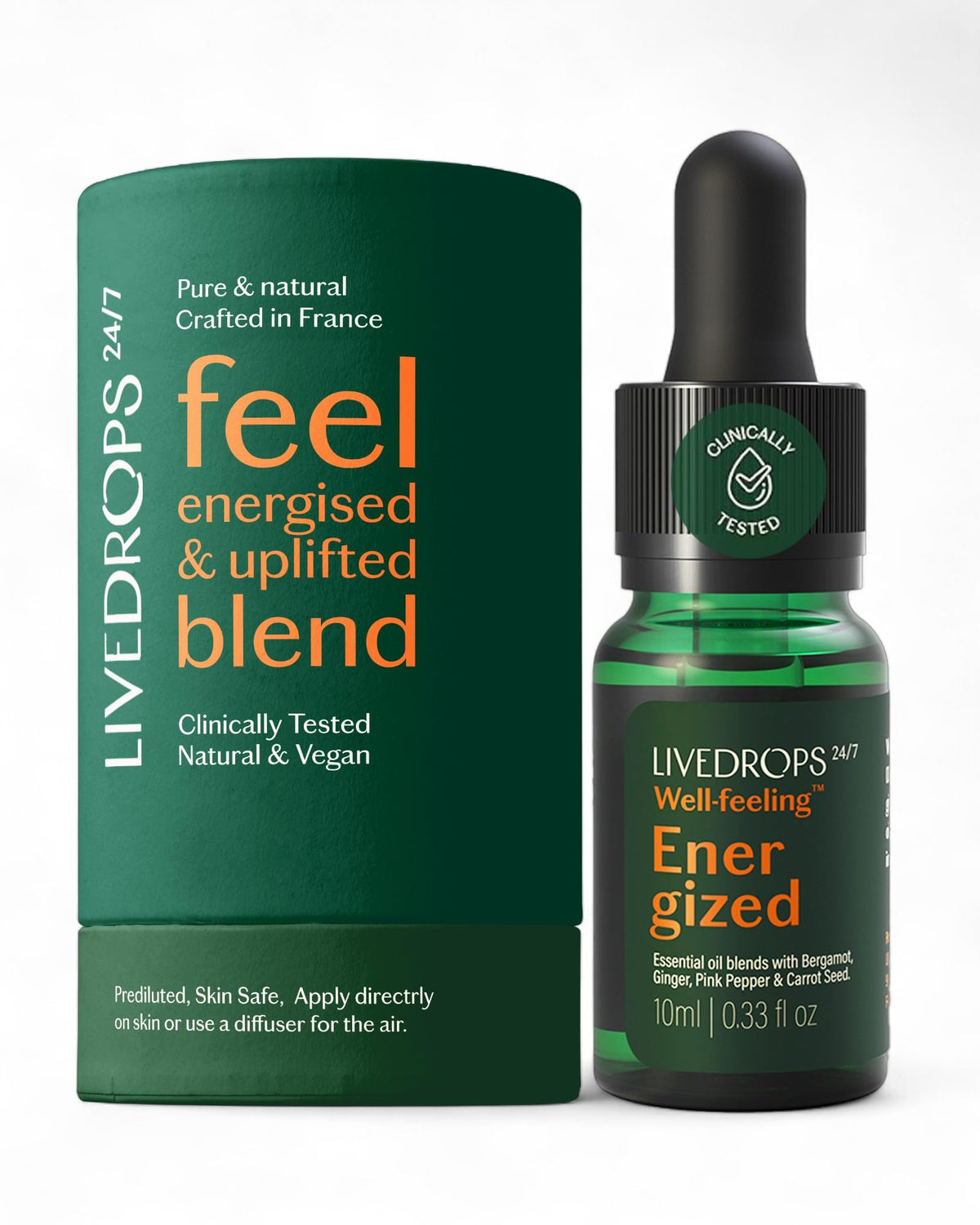 Livedrops 24/7 Energized bottle with bergamot, ginger and pink pepper aroma for an energizing boost.