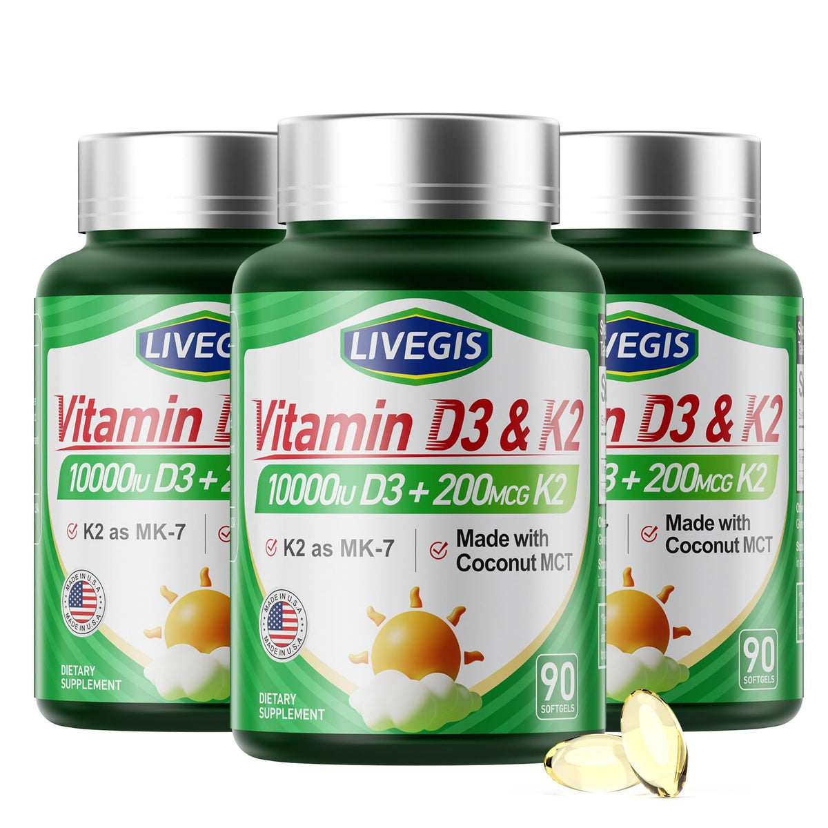 LiveGIS Vitamin D3 K2 softgels bottle label highlighting 270-count packaging for daily wellness