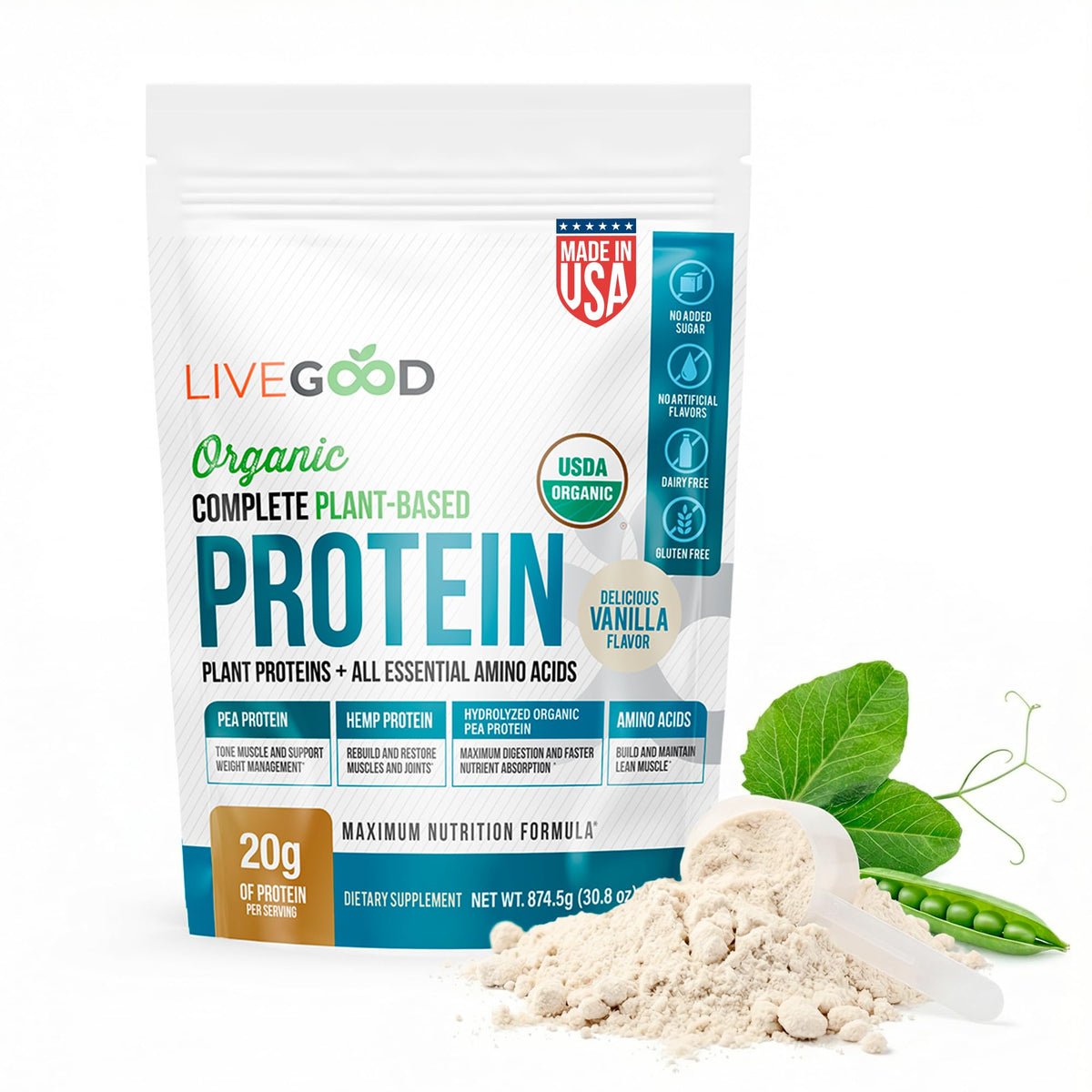 LiveGood Complete Plant Based Protein vanilla tub shows premium ingredients for daily shake nutrition.