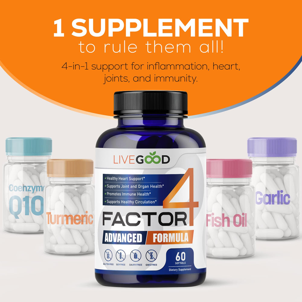 LIVEGOOD Factor 4 bottle back shows label and supplement profile for heart and joints