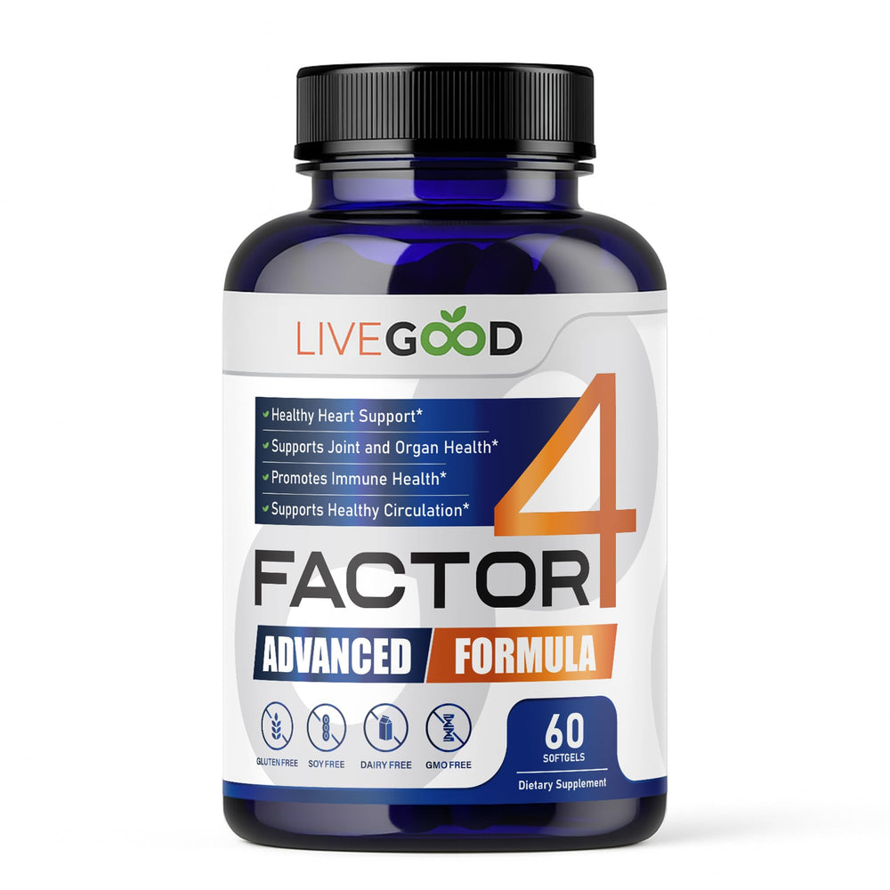 LIVEGOOD Factor 4 bottle front view highlighting omega-3 and CoQ10 benefits