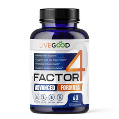 LIVEGOOD Factor 4 bottle front view highlighting omega-3 and CoQ10 benefits